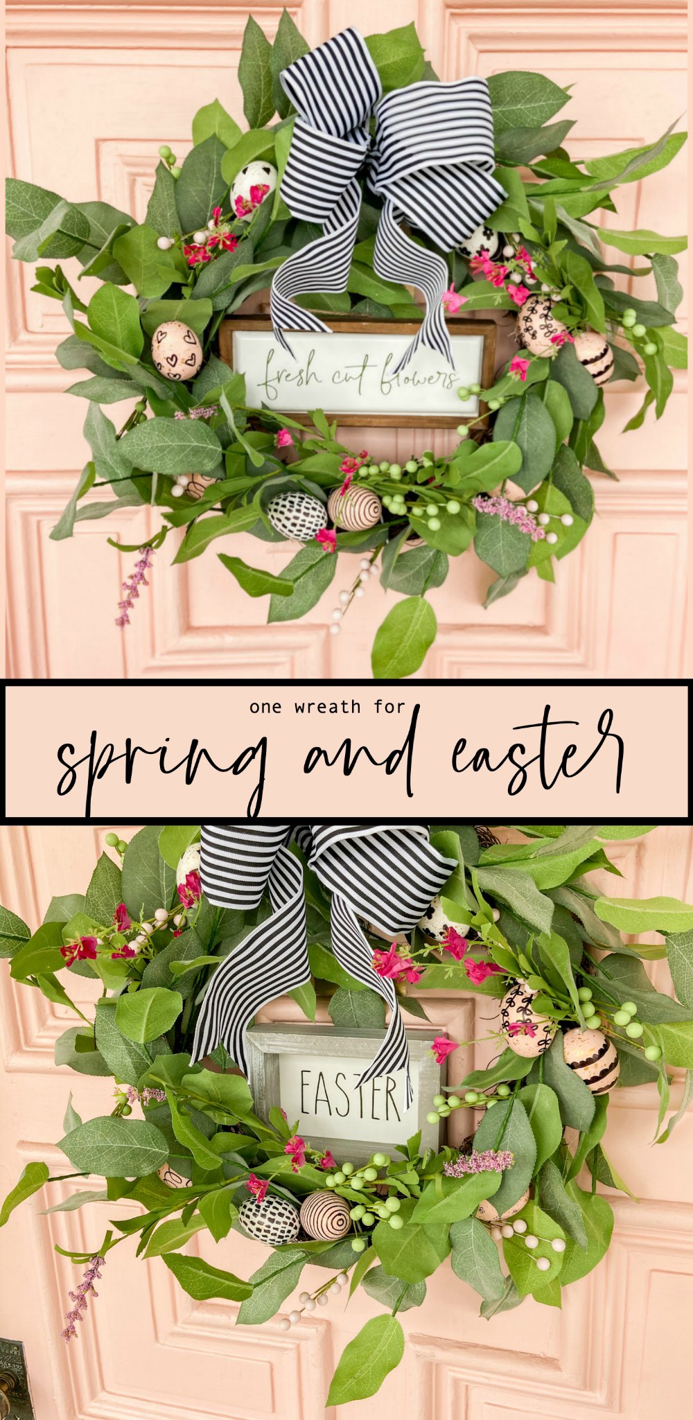 Farmhouse Spring Sharpie Egg Wreath. Create a vibrant Spring Wreath with sharpie eggs for a black and white farmhouse take on Spring!