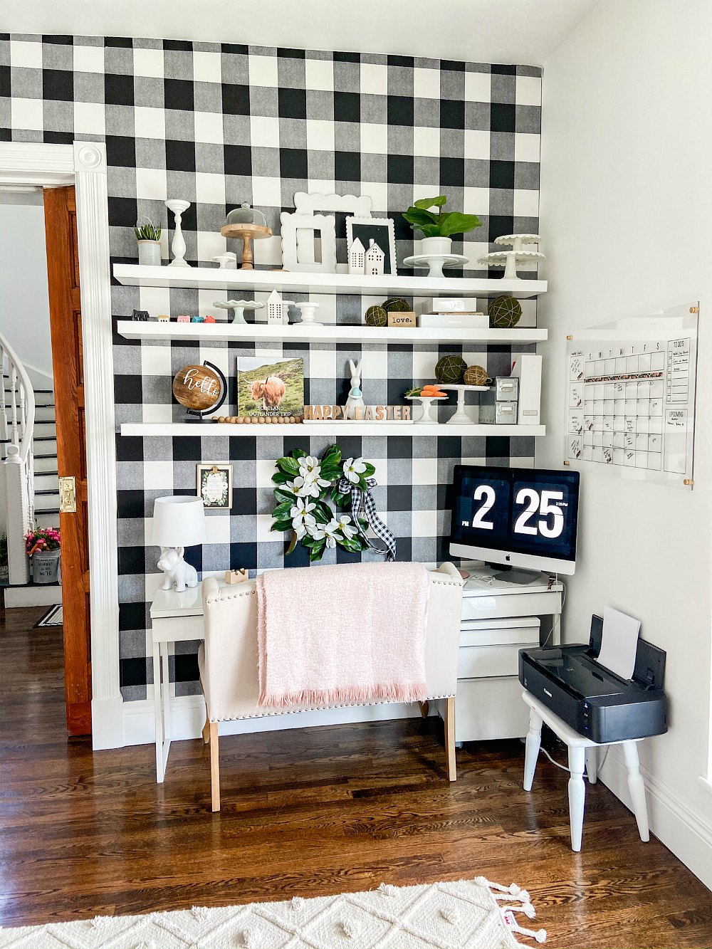 Black and White Plaid Office Craft Room Remodel. Removable wallpaper, new lighting, adding an office nook and storage make a beautiful, multi-use work space on a budget! 