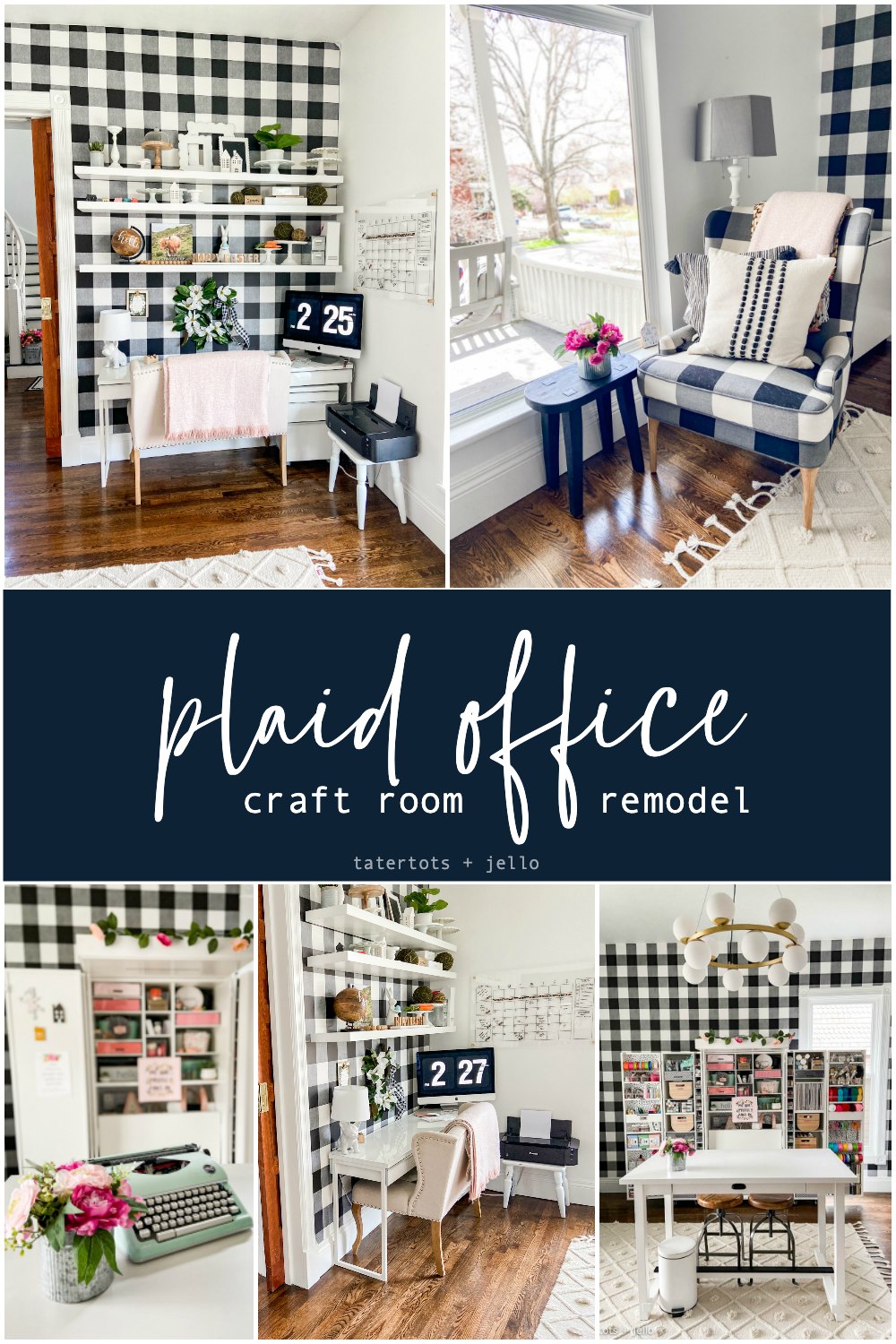 Black and White Plaid Office Craft Room Remodel. Removable wallpaper, new lighting, adding an office nook and storage make a beautiful, multi-use work space on a budget! 