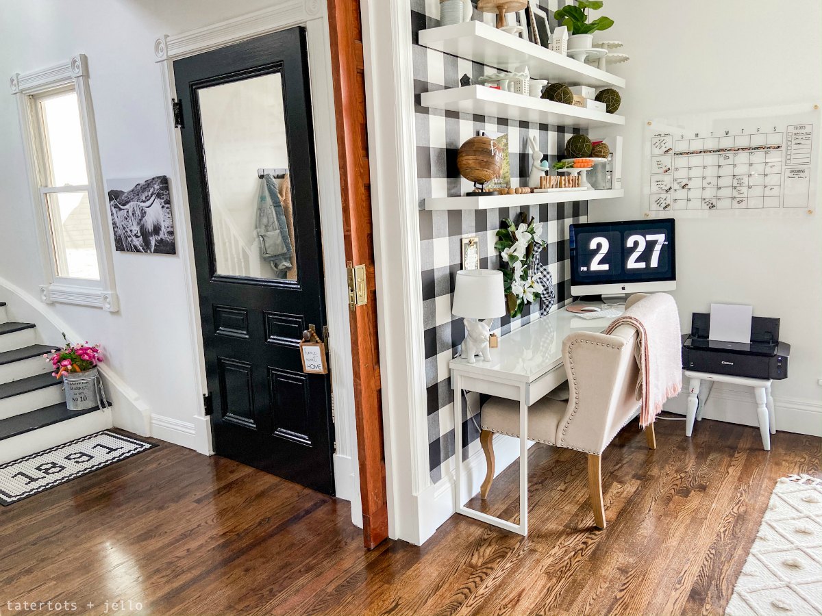 Black and White Plaid Office Craft Room Remodel. Removable wallpaper, new lighting, adding an office nook and storage make a beautiful, multi-use work space on a budget! 