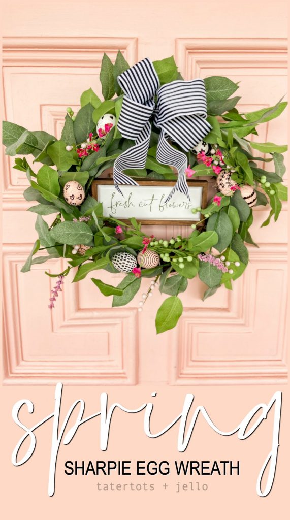 Farmhouse Spring Sharpie Egg Wreath. Create a vibrant Spring Wreath with sharpie eggs for a black and white farmhouse take on Spring!