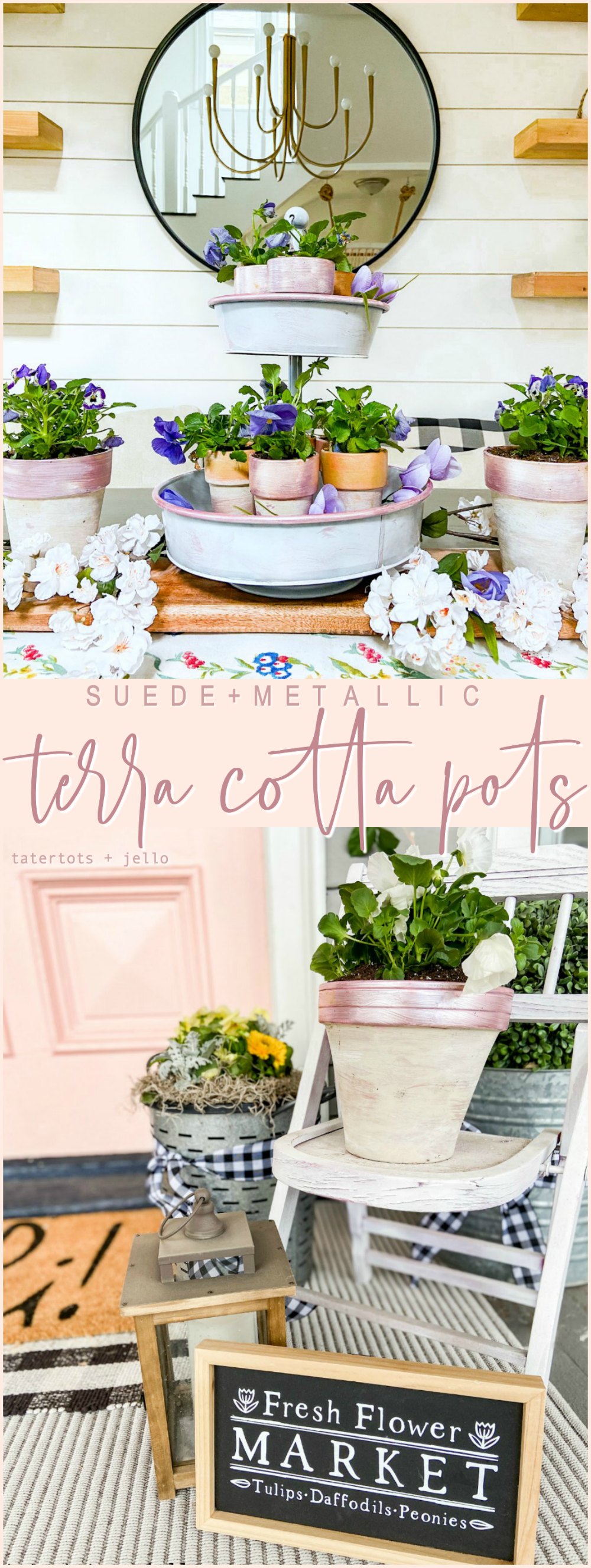 Painted Suede and Metallic Terra Cotta Pots Centerpiece. Create a beautiful Spring centerpiece or pots for your porch with this easy tutorial using suede and metallic paints!