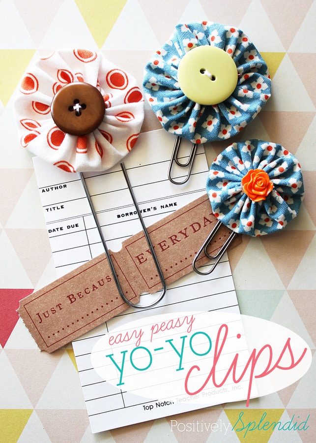 Easy peasy yo yo bookmark clips. Create adorable bookmarks by making fabric yo yo's and attaching them to paper clips. Kids will love this easy craft.