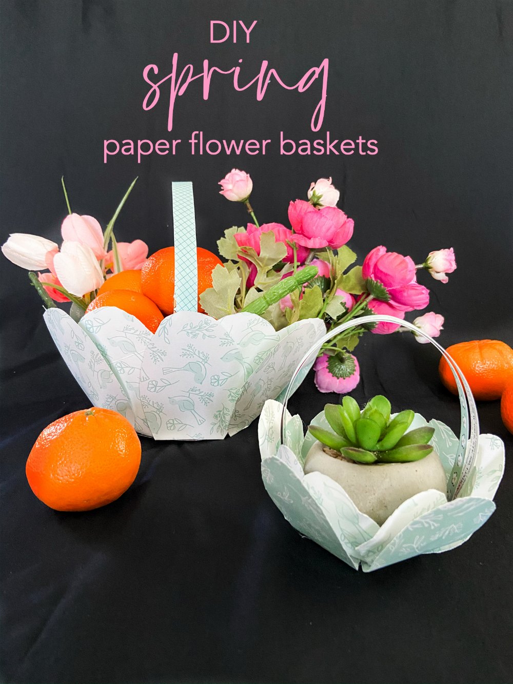 Paper Flower Gift Baskets for Spring or Easter. Turn paper into delightful flower baskets that you can fill with treats as a small gift on your Easter or Mother's Day table, or make a bigger size to take to a friend or neighbor. 