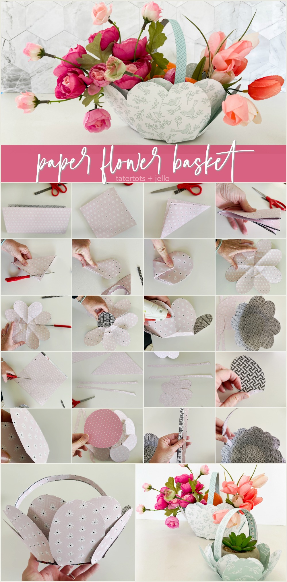 Paper Flower Gift Baskets for Spring or Easter. Turn paper into delightful flower baskets that you can fill with treats as a small gift on your Easter or Mother's Day table, or make a bigger size to take to a friend or neighbor. 