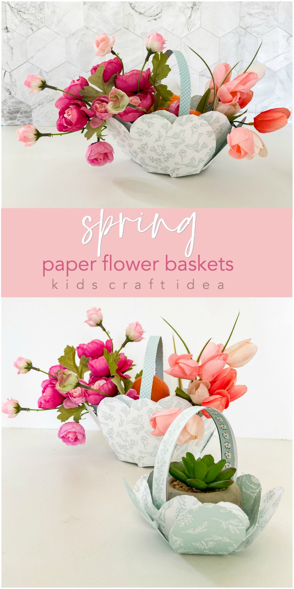 Paper Flower Gift Baskets for Spring or Easter. Turn paper into delightful flower baskets that you can fill with treats as a small gift on your Easter or Mother's Day table, or make a bigger size to take to a friend or neighbor. 