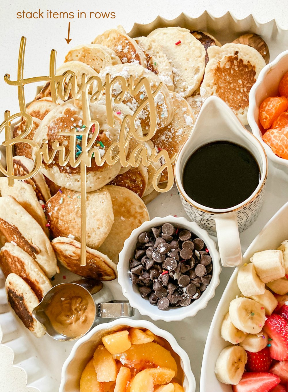 Create a Simple Pancake Charcuterie Board in Minutes! Celebrate a birthday, Mother's Day, Father's Day or special event with a breakfast-in-bed pancake board!