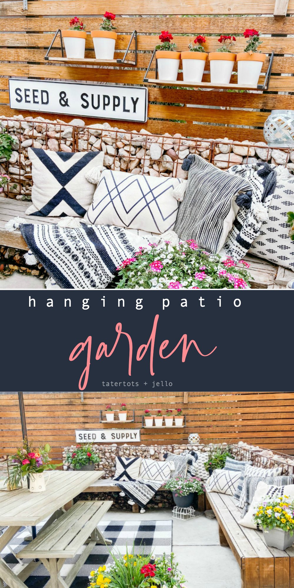 DIY Hanging Patio Garden. Make the most of your patio space by hanging shelves and planting flowers or herbs in painted pots! 