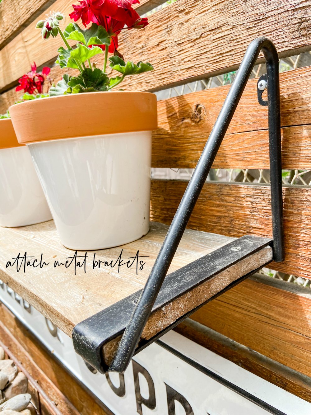 how to create modern farmhouse shelves for a vertical patio garden. Closeup of brackets.