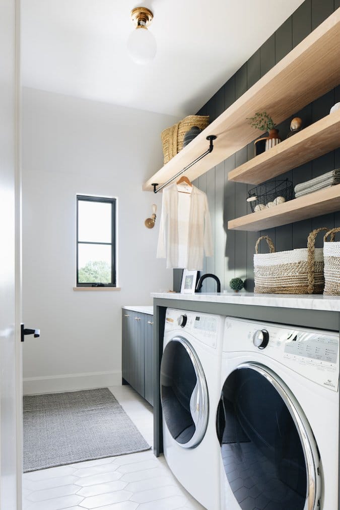 Basement Laundry Room Organizing with Teal Bins