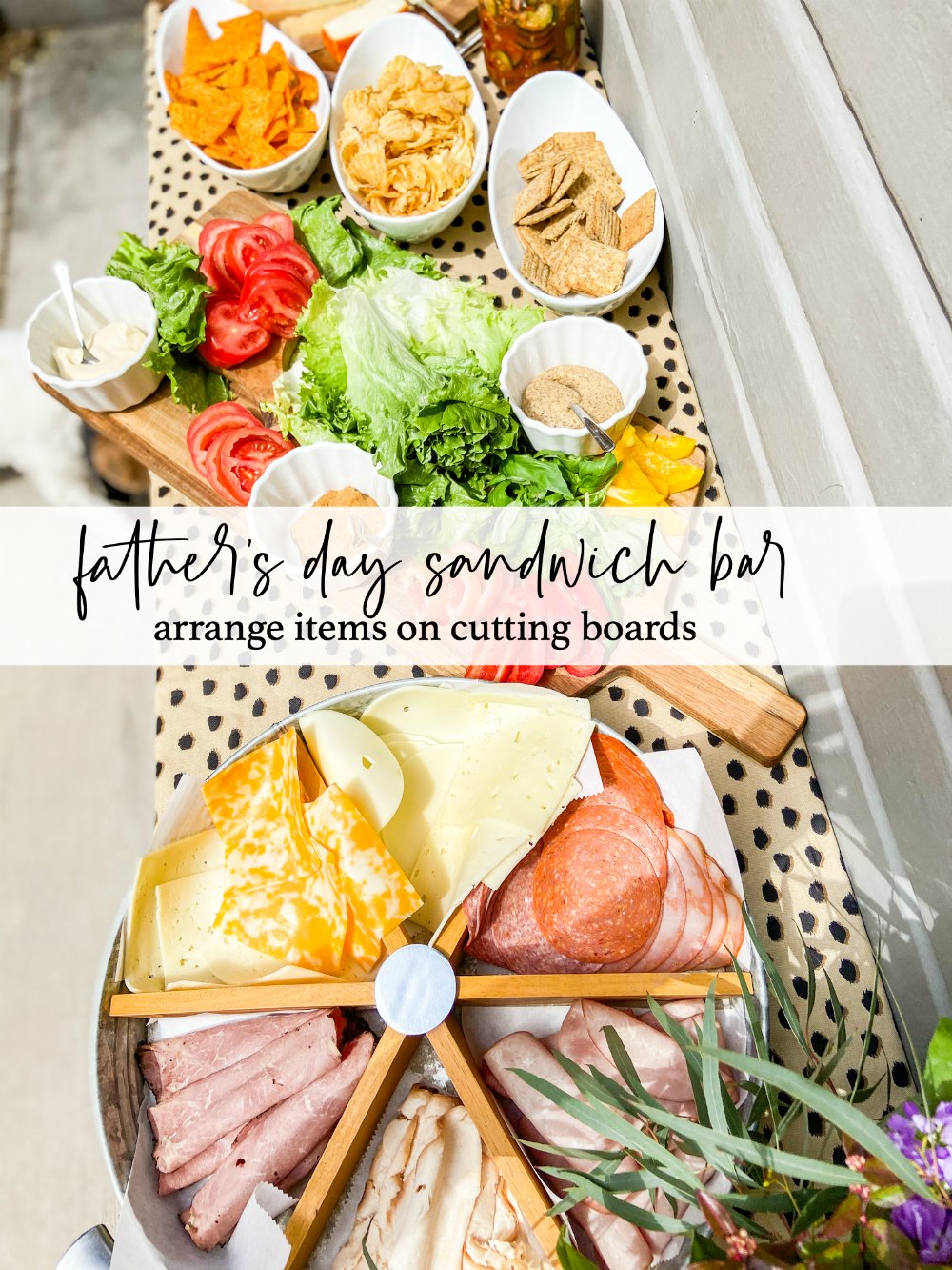 Father's day sandwich bar idea. arrange items grouped on trays on party table.