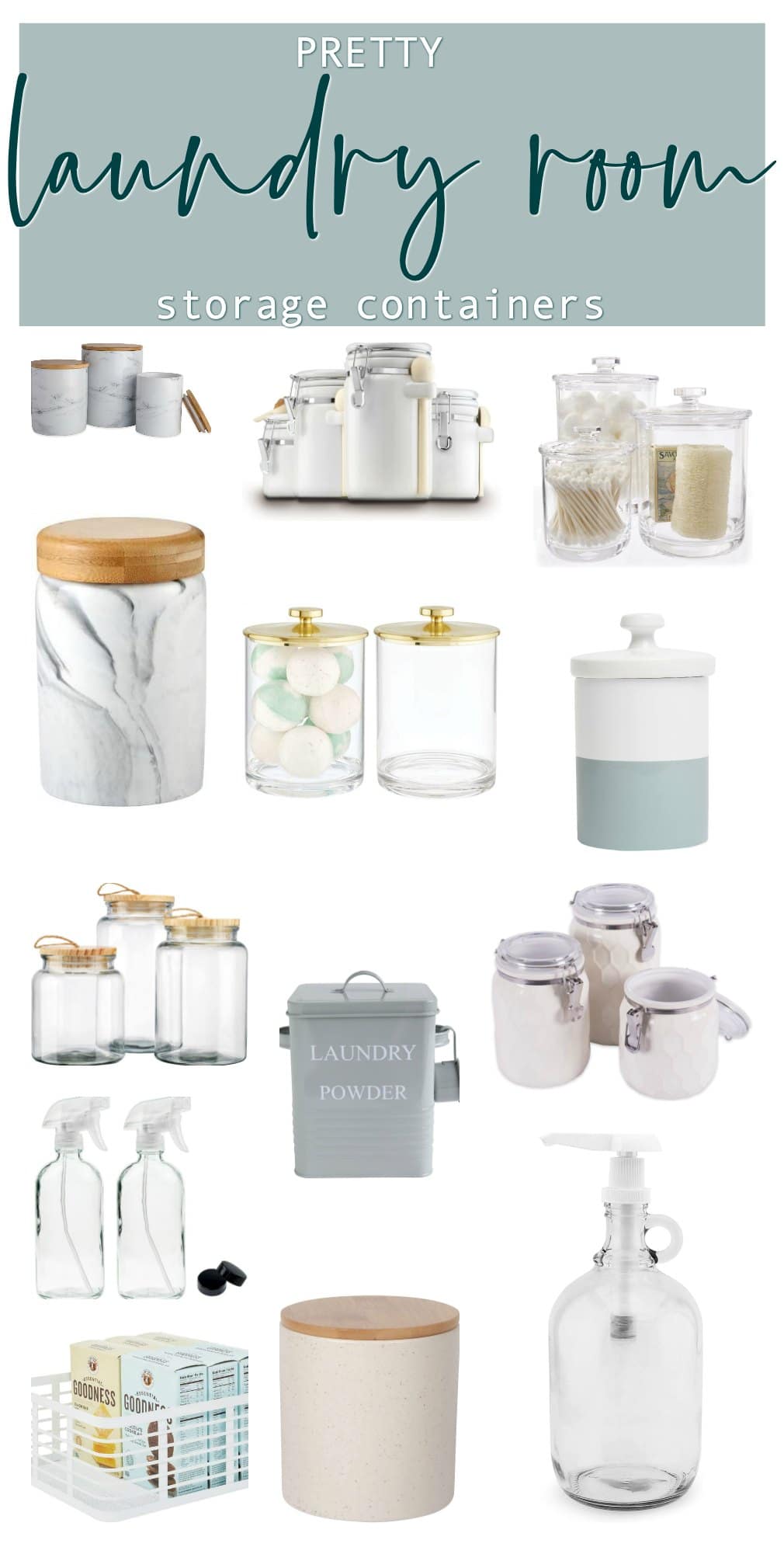 Pretty Laundry Room Storage containers with easy to find links 