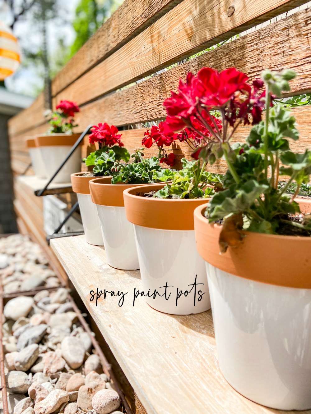 How to spray paint terra cotta shelves. spray painted pots on a shelf to make a hanging patio garden.