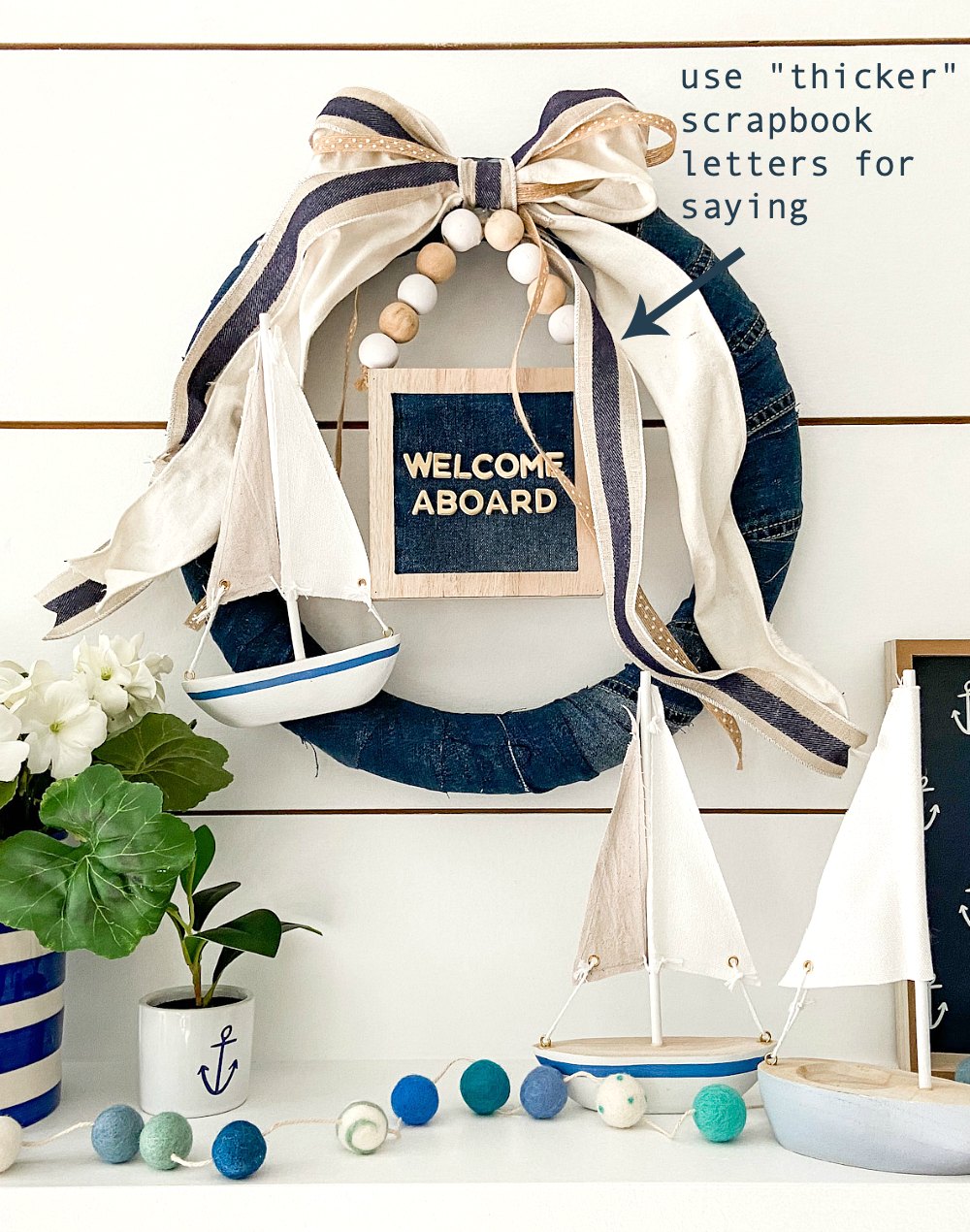 Nautical Summer Cottage Wreath. Turn a pair of jeans and a couple Dollar Spot items into a cute summer wreath with a nautical twist! 
