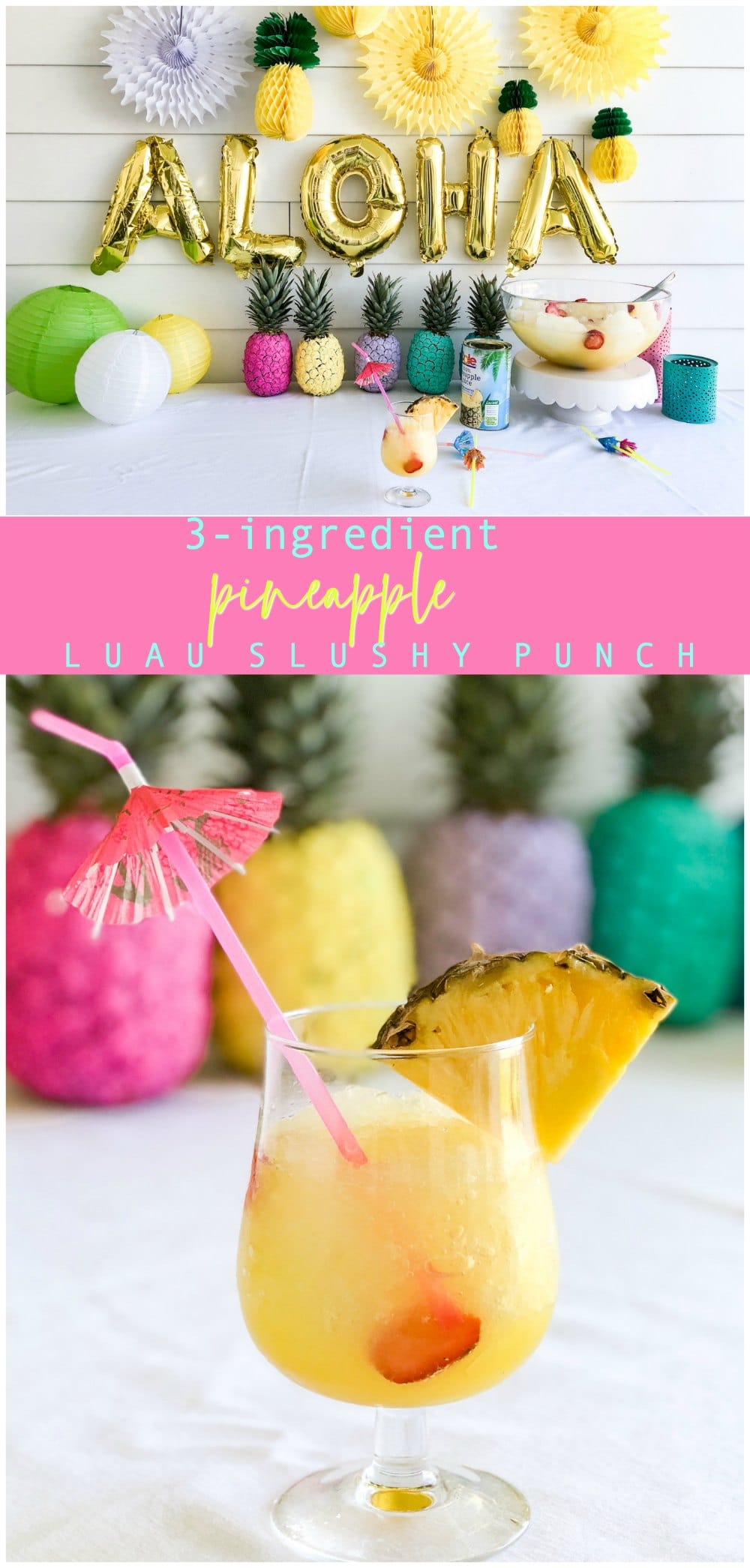 Pineapple Lime Luau Slushy Punch is a party must! Refreshing pineapple and tangy lime combine favors in this fizzy, fruity, slushy punch that makes enough for a crowd!