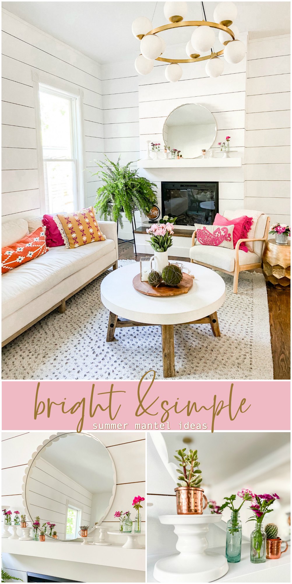 How to create a Bright and Simple Summer Mantel. Use what you have to create a fresh summer makeover for your mantel or shelf. 