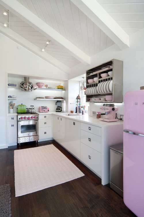 Pink Smeg fridge kitchen 