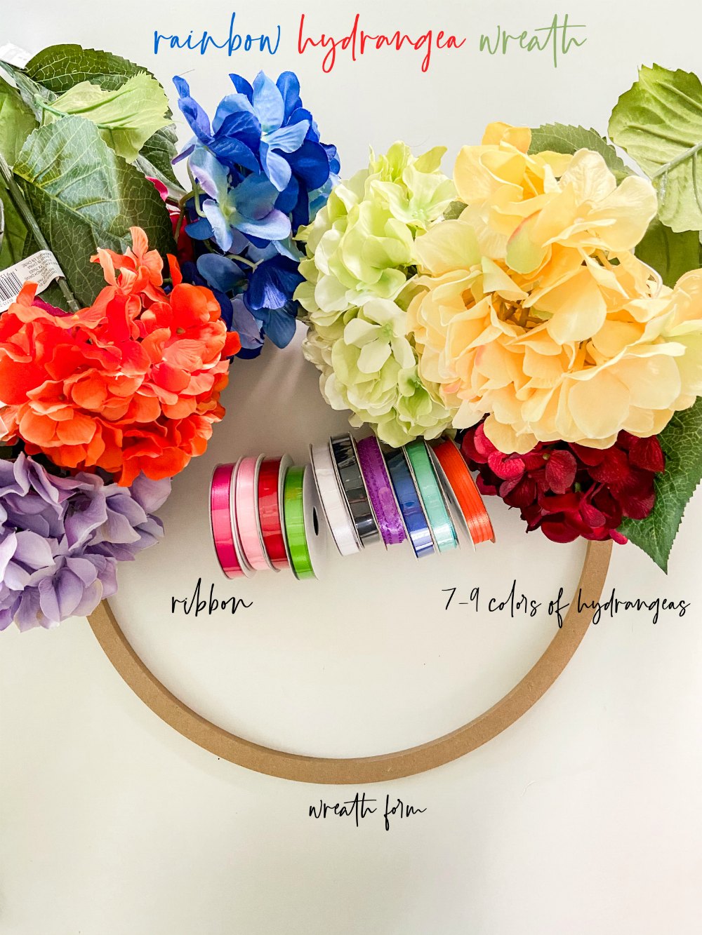 Rainbow Pride Hydrangea Wreath Supplies and Directions.