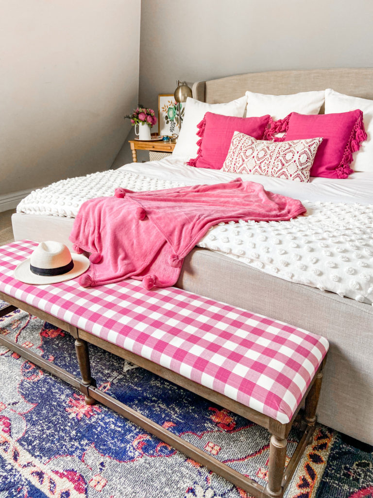 Pink and white buffalo check bedroom for summer 