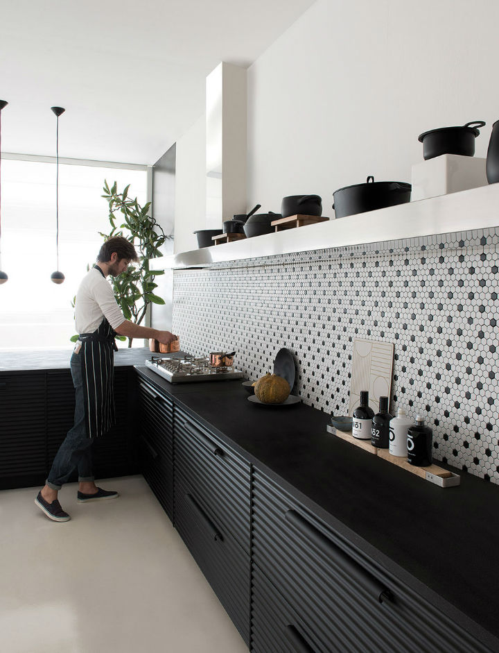 Black and White hex tile backsplash 