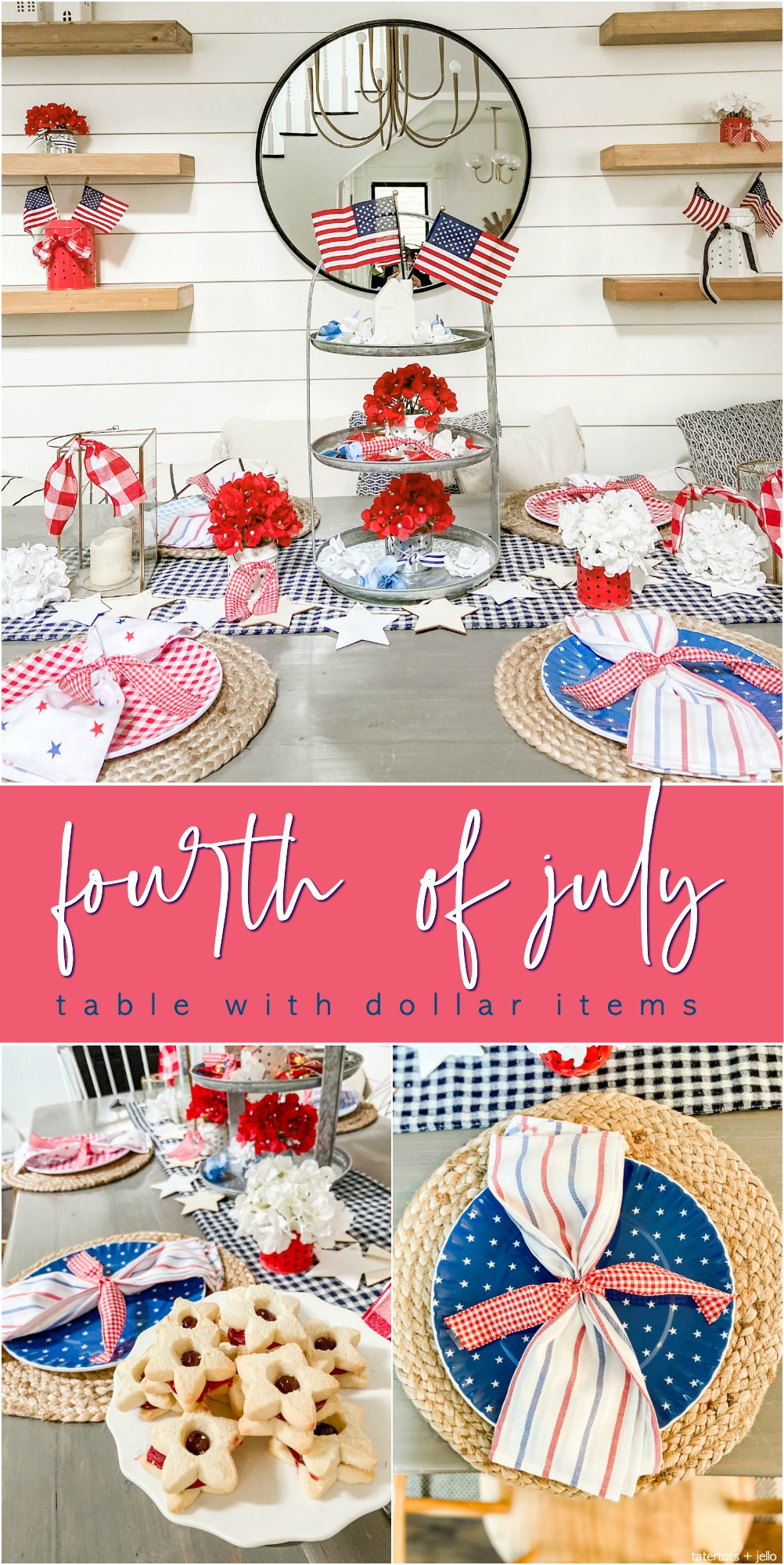 Five Ways to Create an Easy Fourth of July Table. Create a festive red white and blue table using dollar items. 