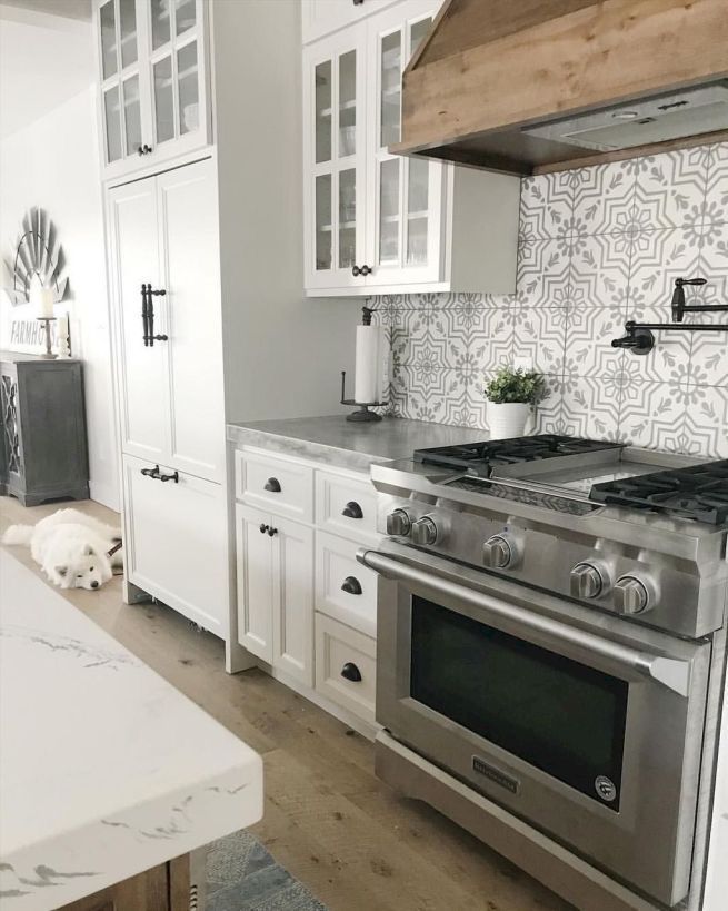 Neutral Boho Cement Tile Kitchen Backsplash 