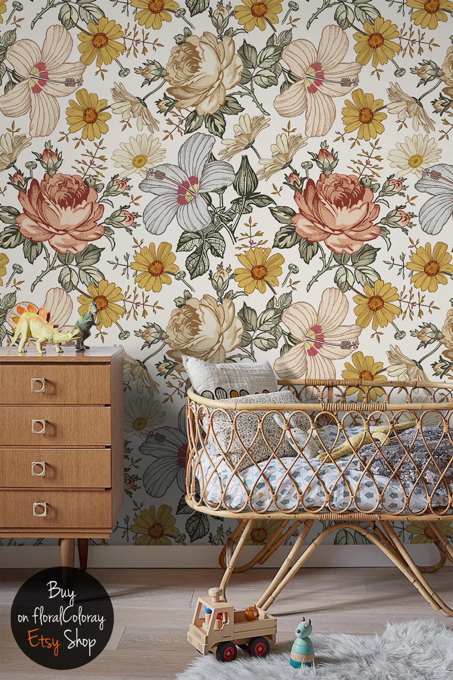 Farm Flowers Removable Wallpaper via etsy 