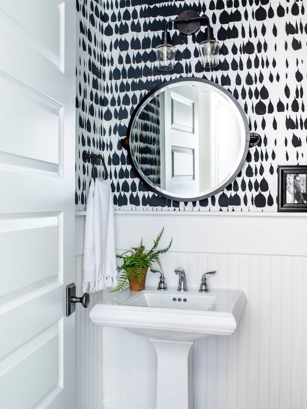 Wallpapered half bath at HGTV