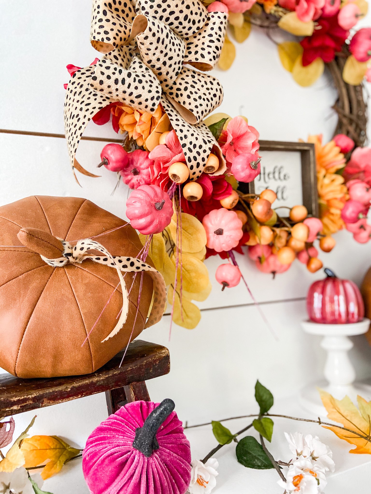 painted pumpkin wreath with cheetah bow