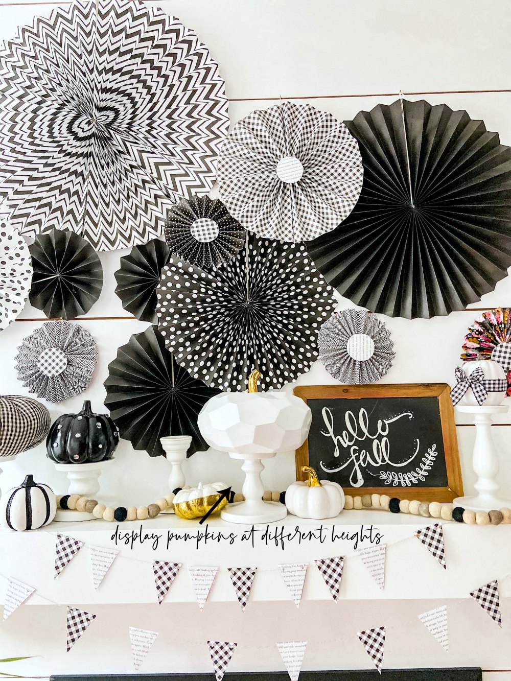 Easy Black and White Fall Mantel! Create a striking black and white mantel with pumpkins, DIY paper medallions and paper banner! 