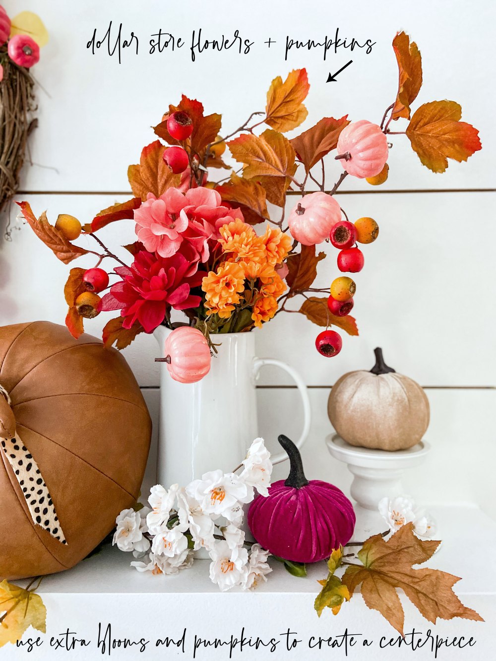 Fall Dollar Store Pumpkin Wreath. A fall wreath doesn't have to cost a lot or take a lot of time to make. Grab some dollar store pumpkins, blooms and get started! 