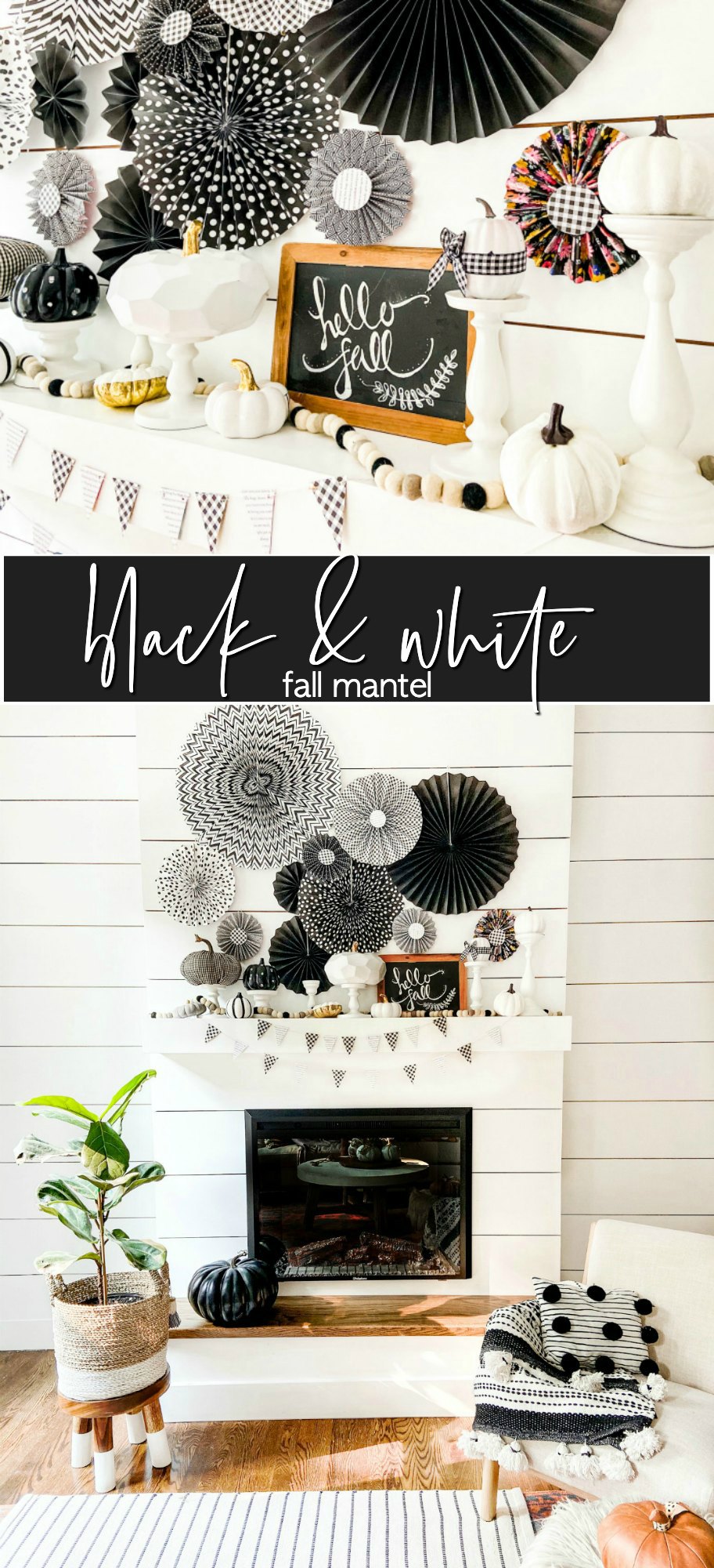 Easy Black and White Fall Mantel! Create a striking black and white mantel with pumpkins, DIY paper medallions and paper banner! 