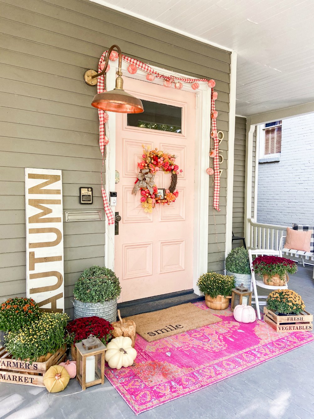 Fall Porchwith Dollar Store Pumpkin Wreath 