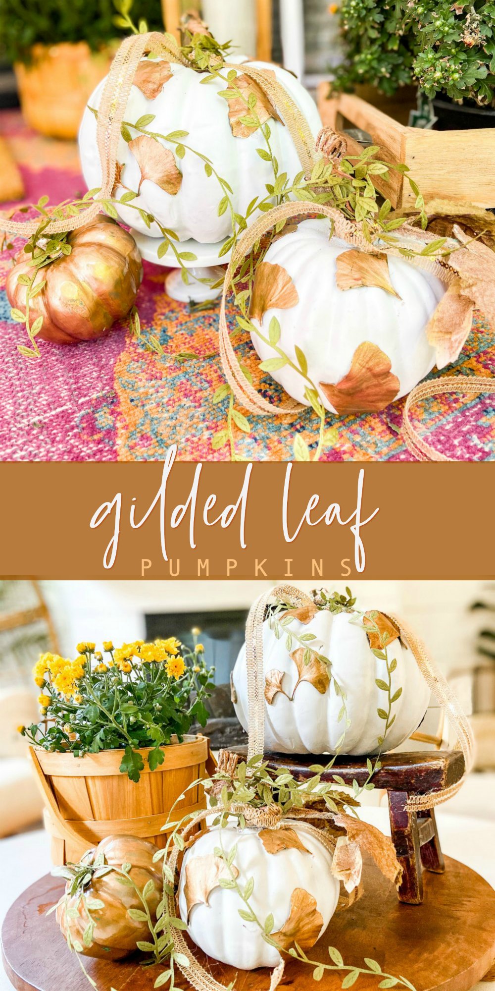 DIY Gilded Leaf Pumpkins. Celebrate fall with a leaf-inspired pumpkin for a fresh take on Autumn.