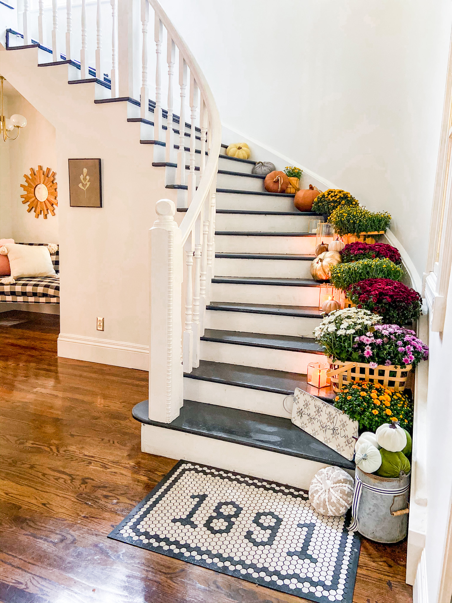 Boho Cottage Colorful Fall Home Tour. Bring warm and cozy vibes into your home for fall with these easy fall decorating ideas for your porch, entryway, kitchen, family room and stairs. 