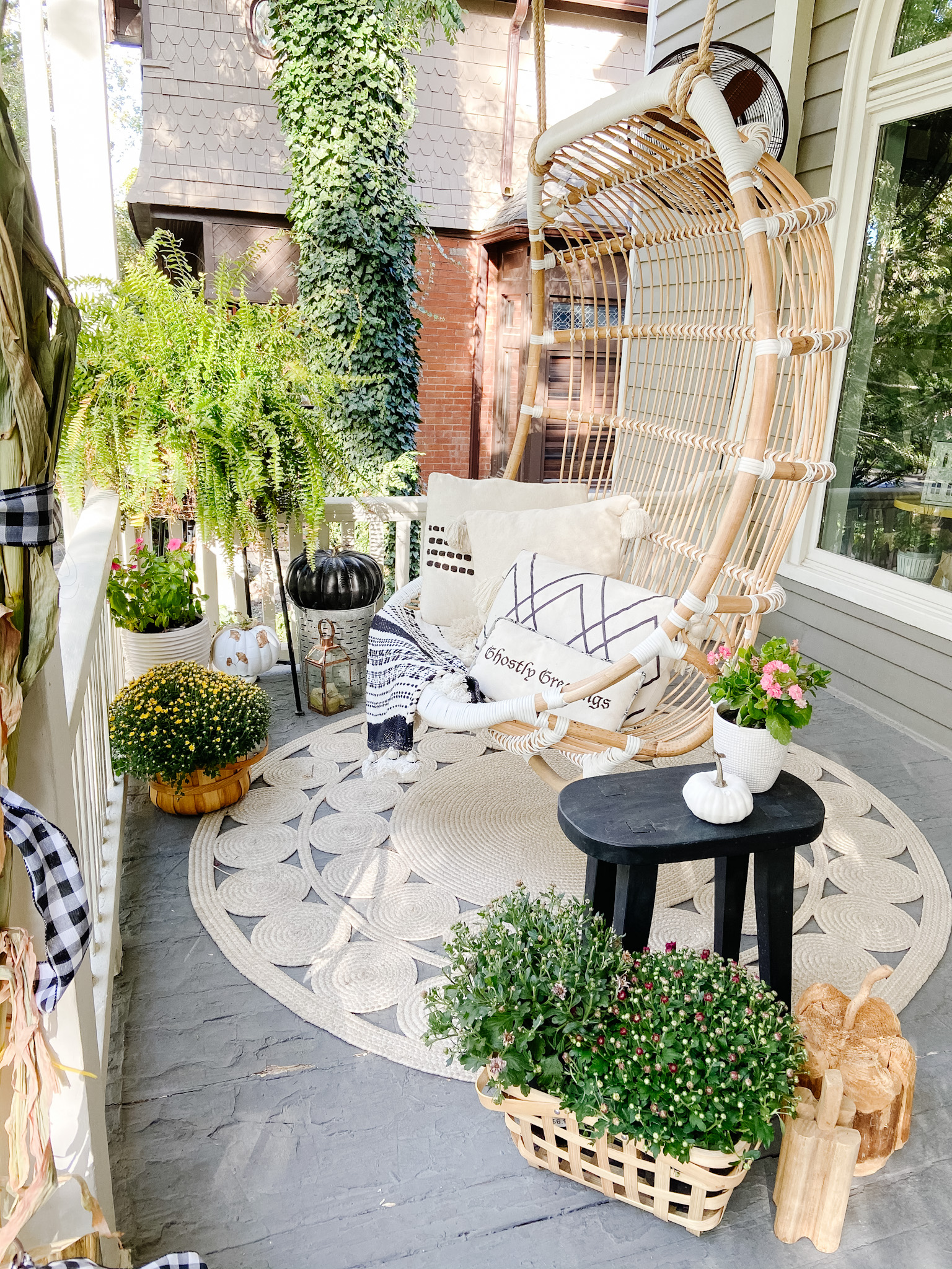 Boho Cottage Fall Porch Ideas. 5 Ways to Make an Outdoor Room for Fall. Use rattan furniture, potted flowers, pumpkins and cozy pillows to create a warm and welcoming fall porch. 