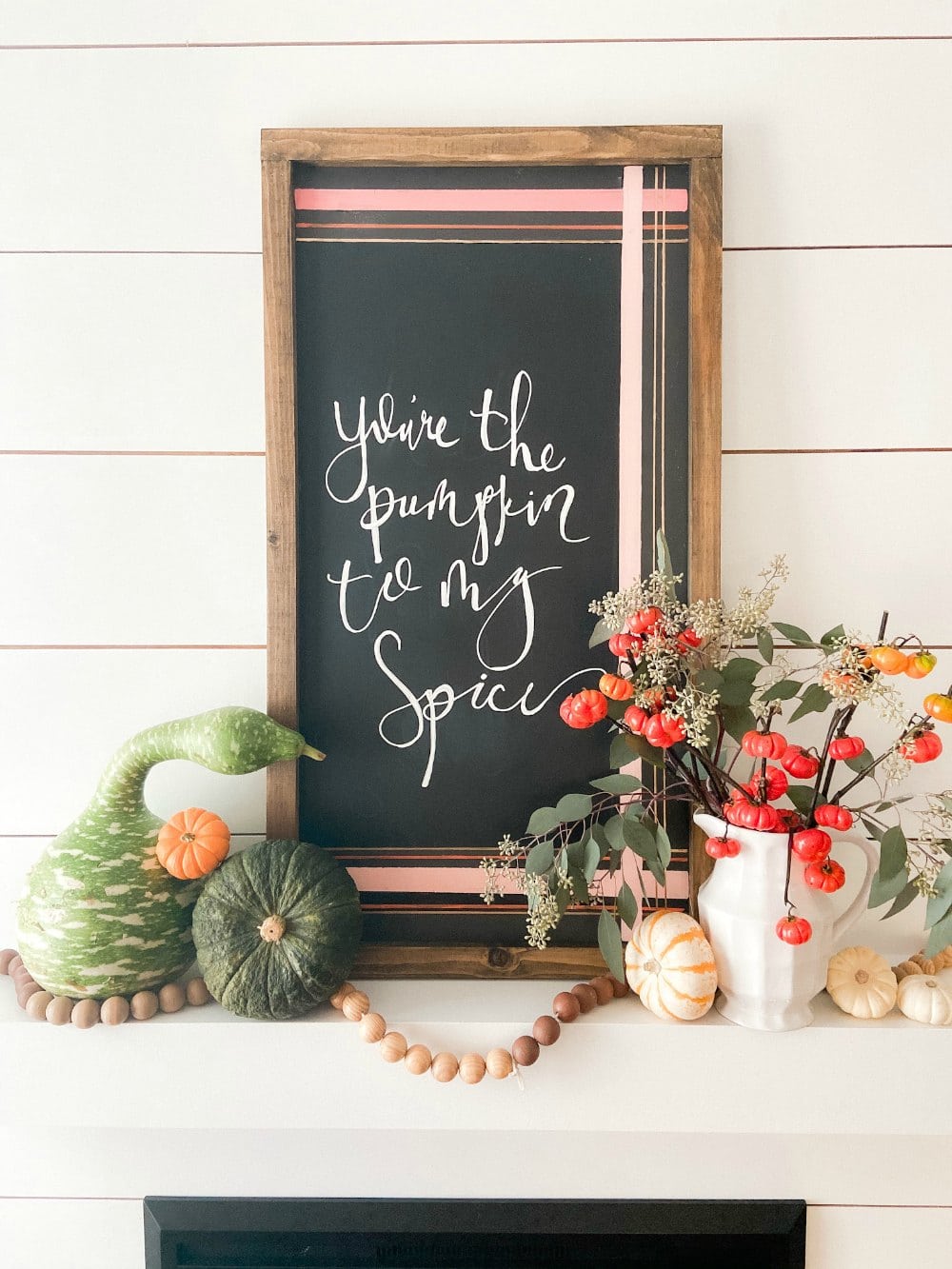 Natural Fall Pumpkin Mantel with DIY Plaid Chalkboard Art. Display the beauty with natural pumpkins and add a fall saying with a DIY Plaid Chalkboard. 