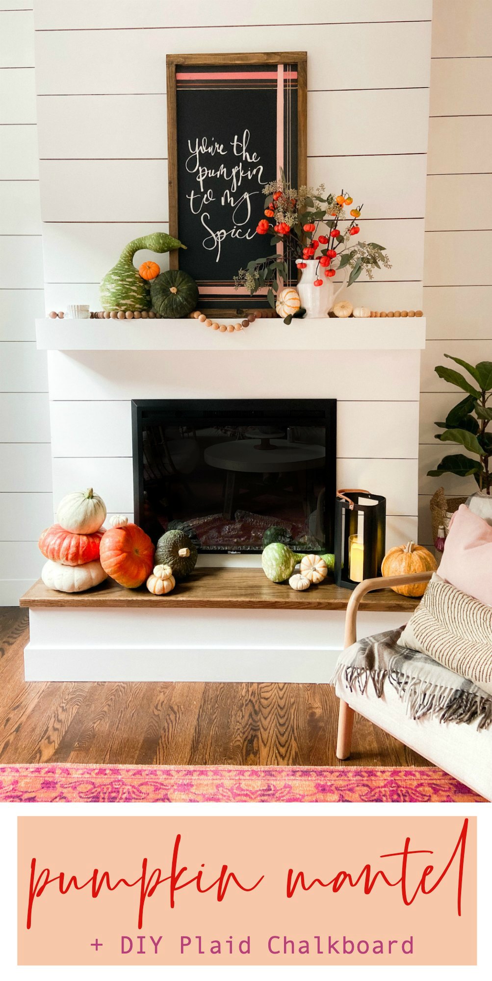 Natural Fall Pumpkin Mantel with DIY Plaid Chalkboard Art. Display the beauty with natural pumpkins and add a fall saying with a DIY Plaid Chalkboard. 