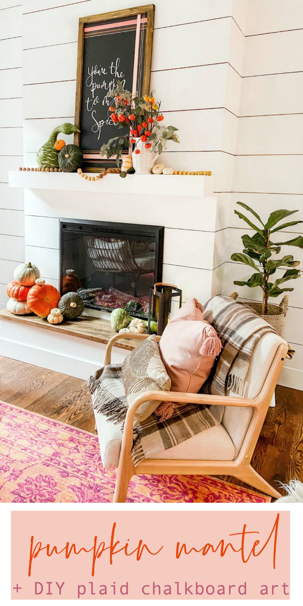 Natural Fall Pumpkin Mantel with DIY Plaid Chalkboard Art. Display the beauty with natural pumpkins and add a fall saying with a DIY Plaid Chalkboard. 