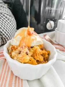 Pumpkin Pie Dump Cake with Caramel Sauce