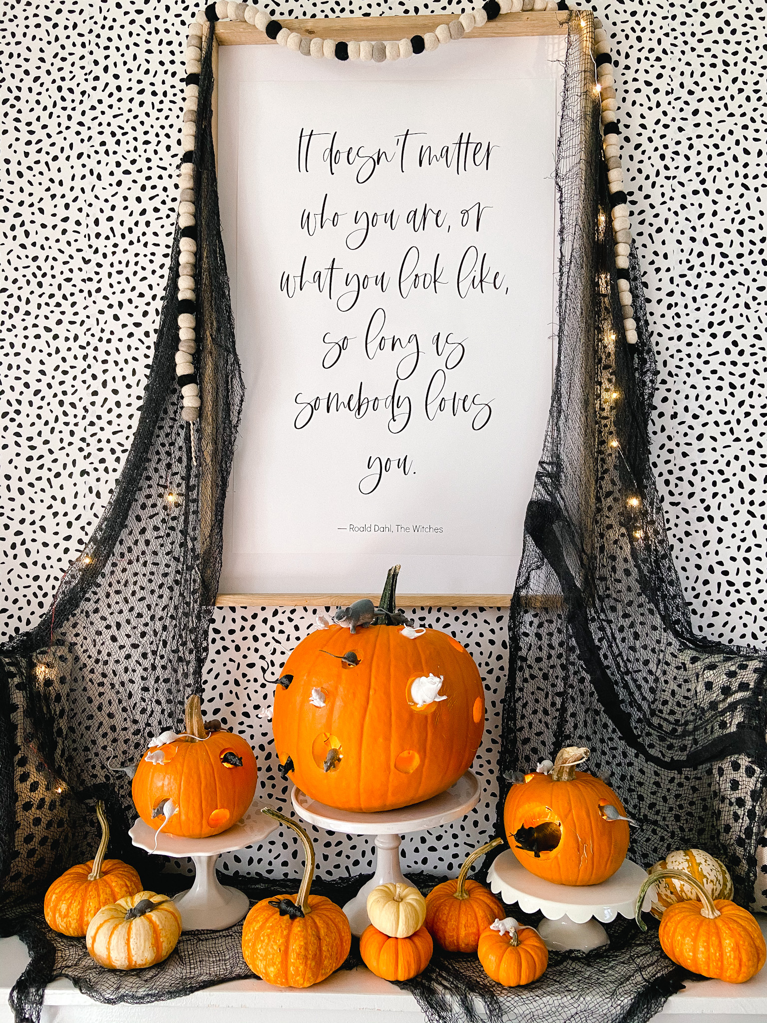 DIY The Witches Mice Pumpkins and Free Printable! Celebrate the new Ronald Dahl movie - The Witches by making Mice Pumpkins and printing out the inspiring quote from the movie. 