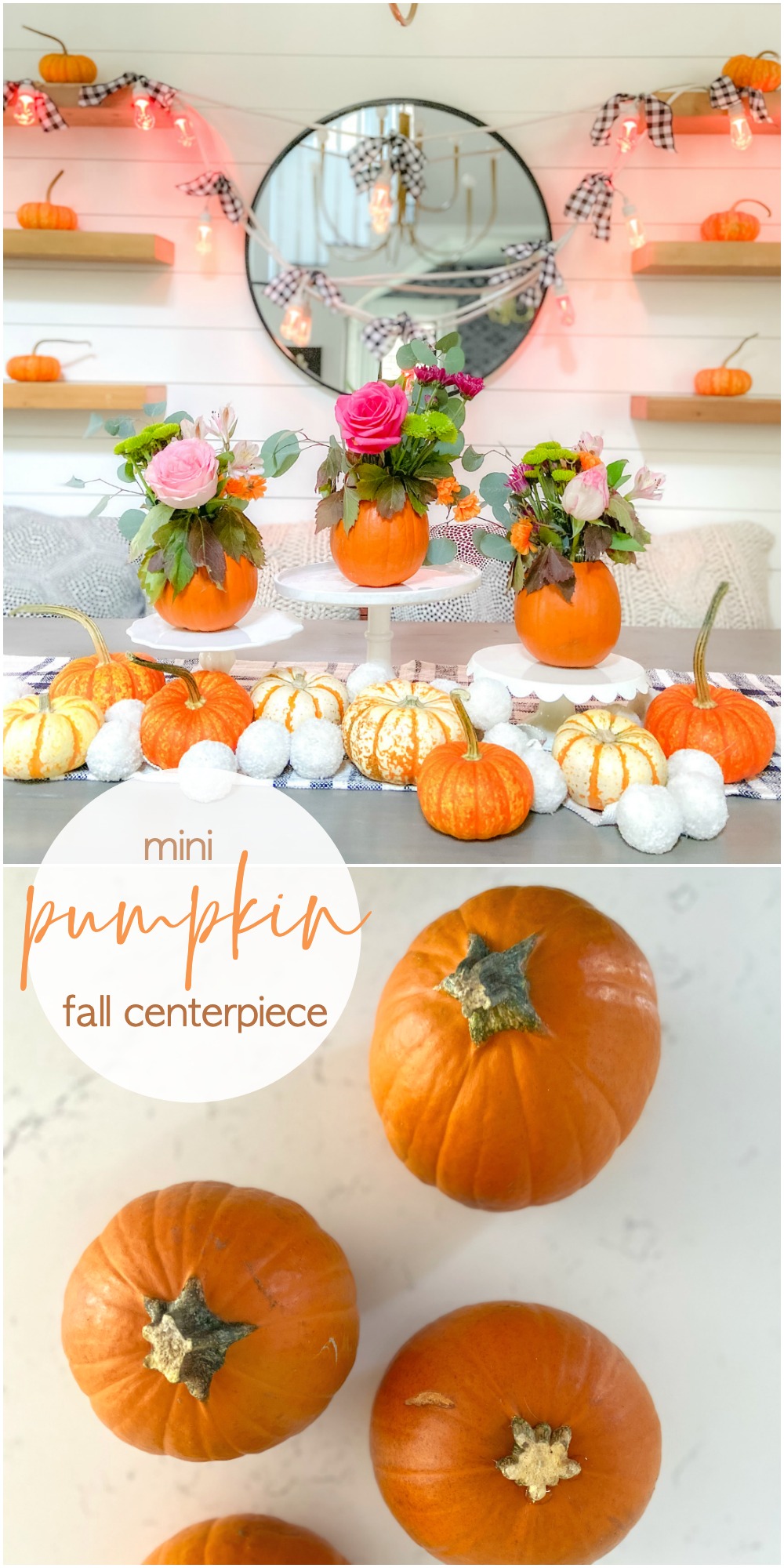 Mini Pumpkin Flower Arrangement Centerpieces. Care small pumpkins and display cut flowers for an festive fall centerpiece.