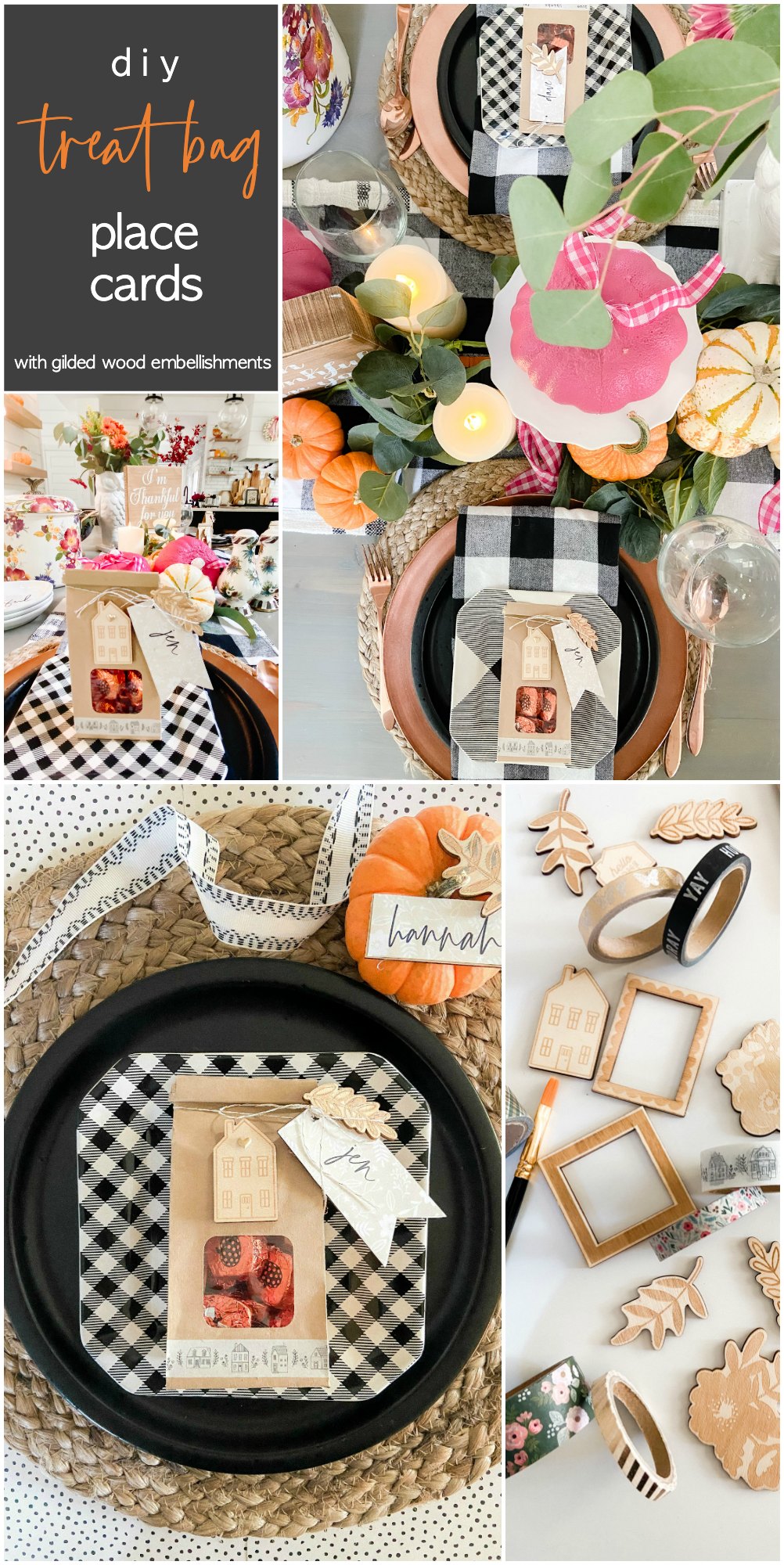Thanksgiving Treat Bag Place Cards with Gilded Wood Embellishments. Create place cards treat bags for your fall dinners. Guests will know where to sit AND have some special treats to take home after dinner!