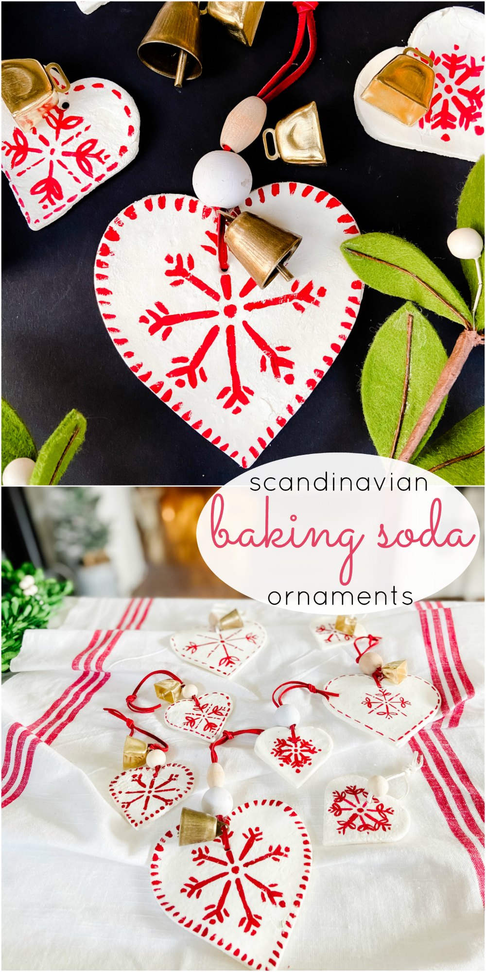 Scandinavian Painted Baking Soda Heart Ornaments. Use THREE simple kitchen ingredients to make adorable holiday ornaments and paint them with your kids! 