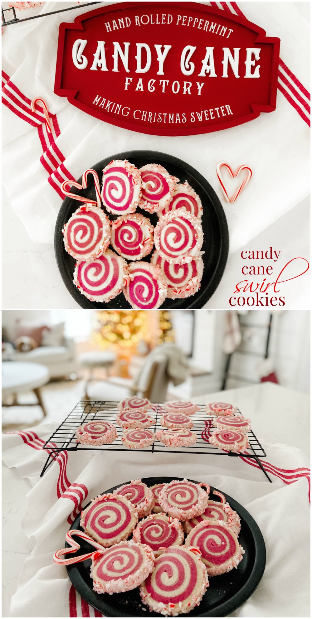 Candy Cane Frosted Swirl Cookies. Take the classic candy cane cookie and give it a modern update by rolling it and frosting it with crushed candy canes!