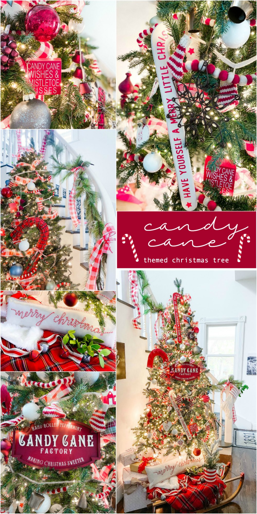 Candy Cane Themed Christmas Tree. Celebrate Christmas with a festive red and white tree filled with candy cane-themed projects, bells and felted garlands. 