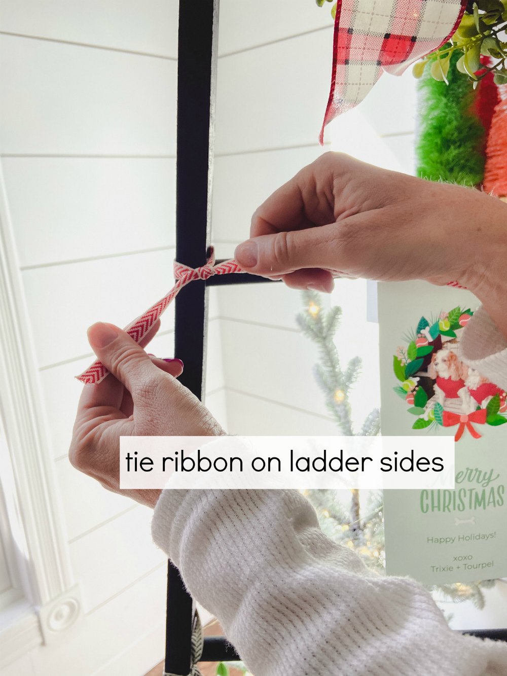 DIY Holiday Card Display Ladder. Build this simple ladder to display cards and stockings this holiday season! 