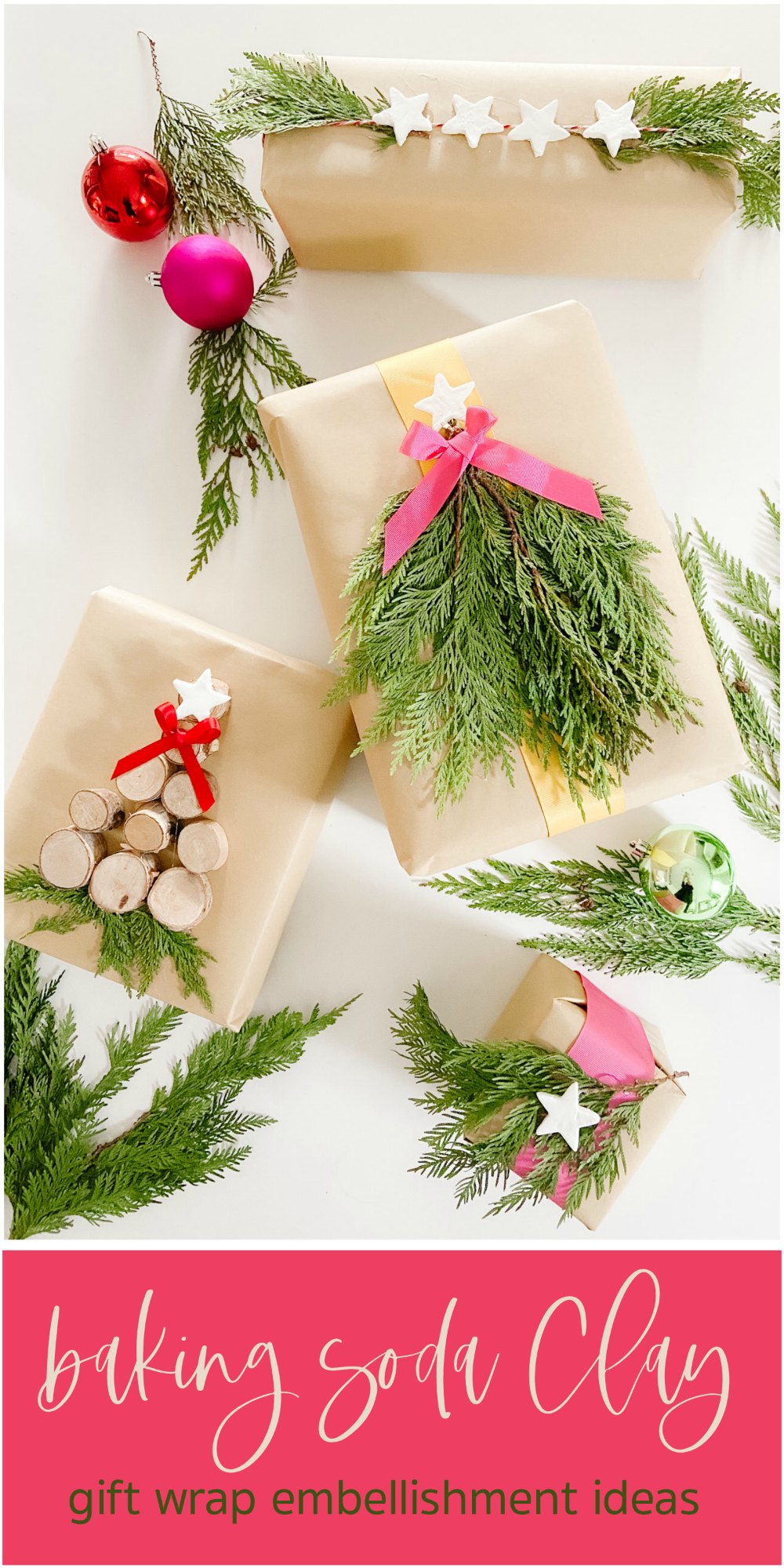 Baking Soda Clay Gift Wrap Embellishment DIY. Using only two pantry ingredients and foraged items from your yard, you can create gorgeous gifts that will look stunning under your tree. 