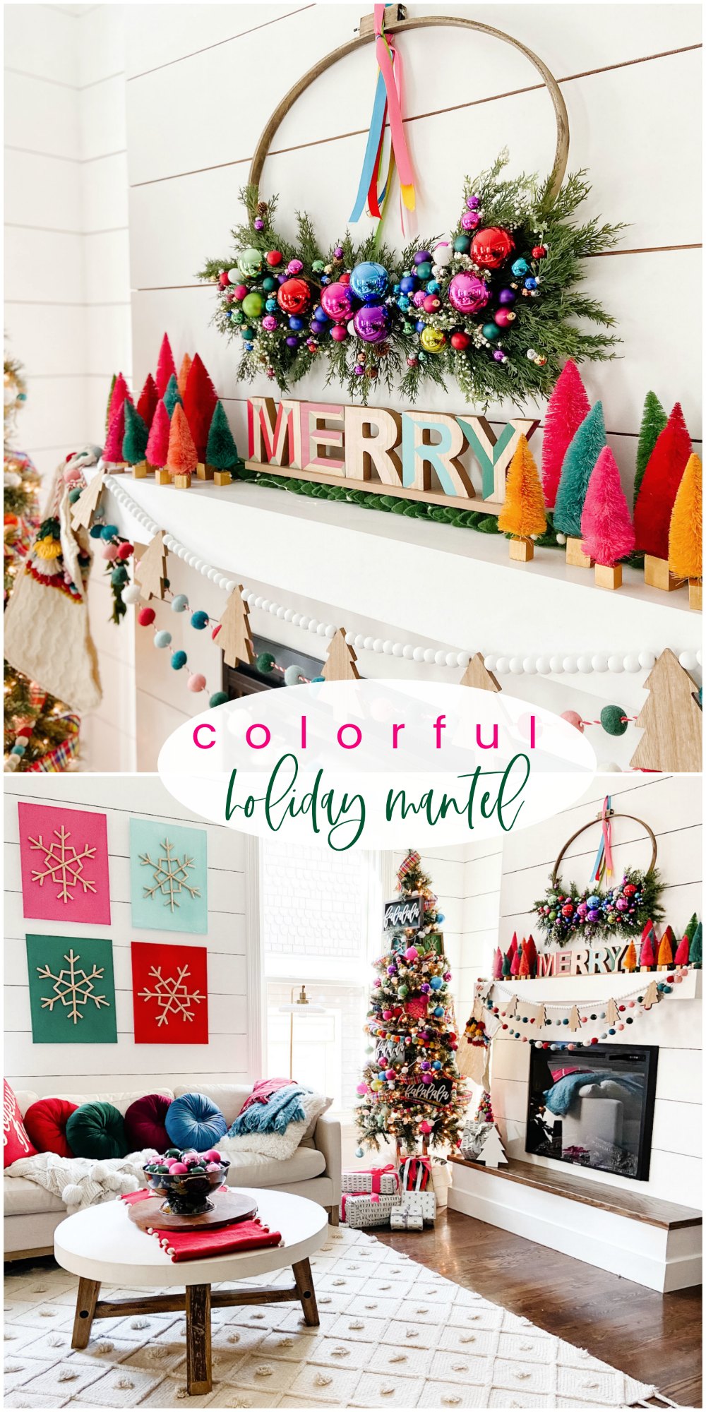 Bright Colorful Merry Mantel. Create colorful holiday cheer with a bright garland, little bottlebrush trees and an embroidery hoop ornament wreath!