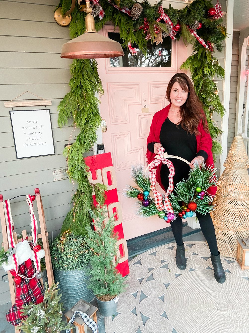 Cottage Holiday Home Tour -- Front Porch and Entryway Decorating. Easy ways to bring color to your cottage or farmhouse home for the holidays! 